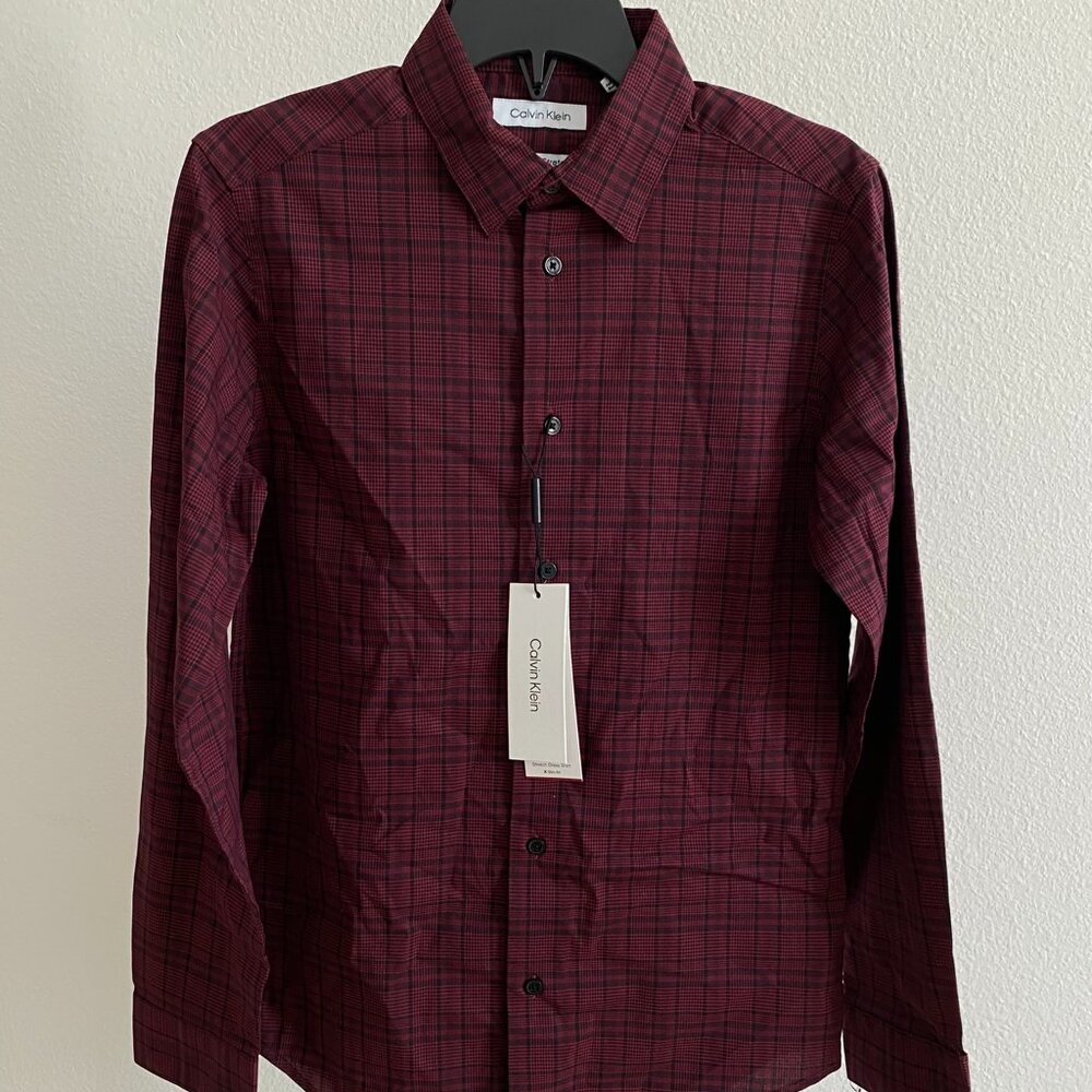Calvin Klein Big Boys Slim Fit Plaid Shirt Size 14 Long Sleeves Stretch Buttons